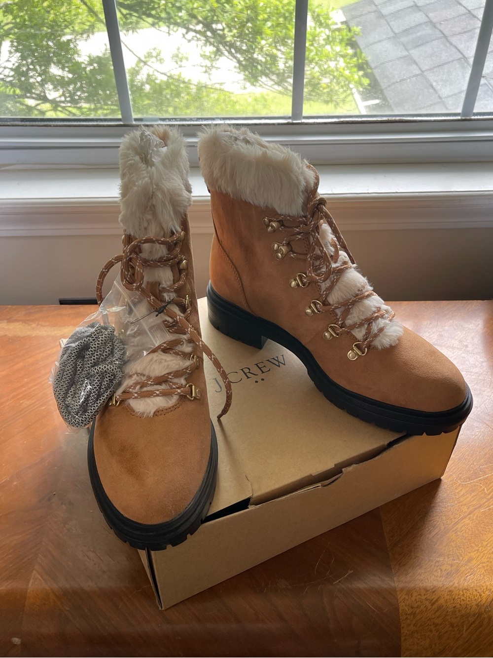 NWT J. Crew Tan Suede Lace-Up Faux-Fur Hiker Boots